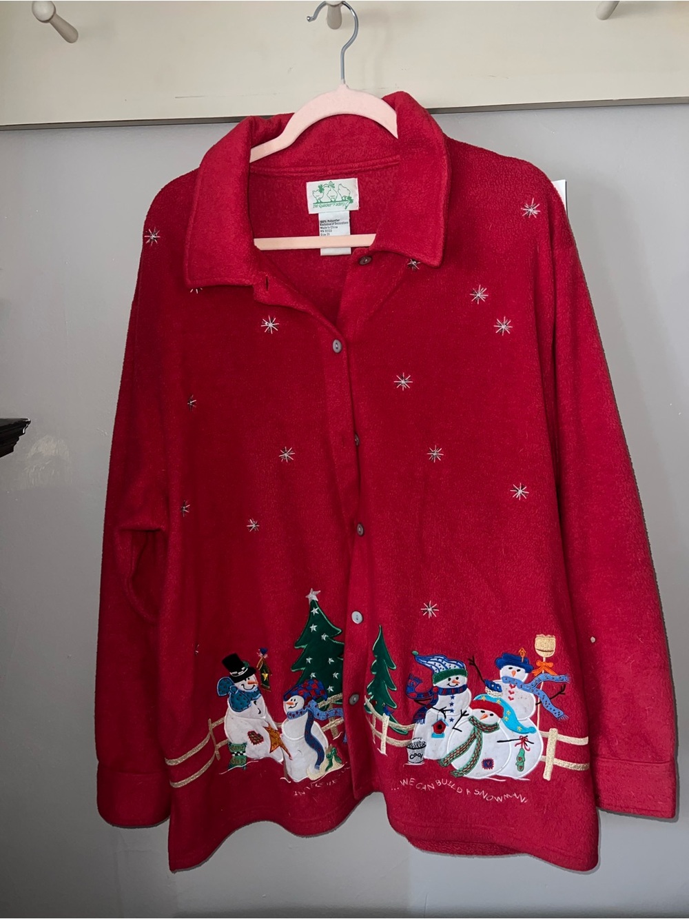 Quacker Factory Red Embroidered Snowman Fleece Button-Up Sweater